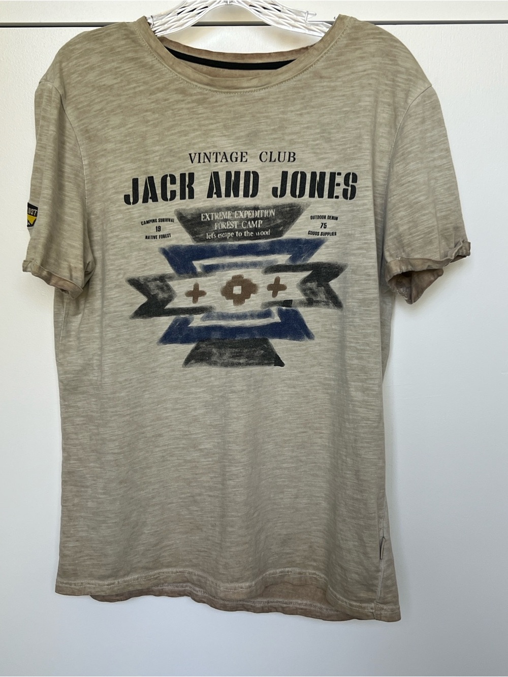 Jack & Jones Tan Short-Sleeve Graphic Tee with Blue & Black Accents